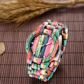 Dentily Wooden Watches for Men Handmade Colorful Bamboo Wood Watch Analog Quartz Men's Wooden Watch