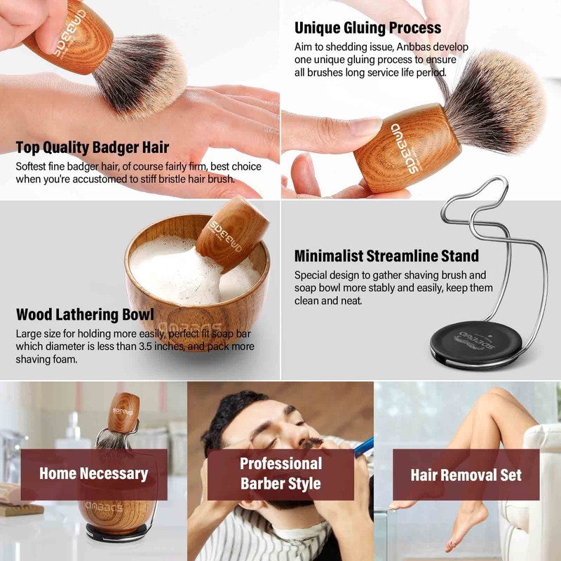 Anbbas Shaving Set, Pure Badger Hair Shaving Brush Wood Handle