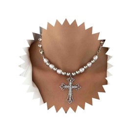 TseenYi Crystal Cross Pearl Necklace Punk Large Cross Pendant Neckalce Silver Pearl Beads Choker Neckalce Large CZ Cross Crucifix Necklace Jewellery for Women and Girls Gifts, Crystal Metal
