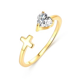 Clearine Women's 925 Sterling Silver Cubic Zirconia Dainty Heart Cross April Birthstone Adjustable Statement Ring Jewellery Gifts for Valentines Day/Birthday/Anniversary/Christmas