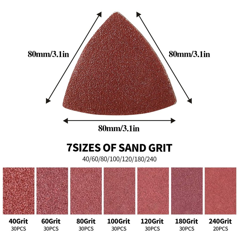 200pcs 80mm Triangle Sanding Pads Hook and Loop Grit 40/60/80/100/120/180/240