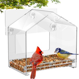 Window Bird Feeder, Suction Cup Window Birdfeeder for 6.8" Larger Viewing, Squirrel-Proof Strong Suction Cup Bird Feeder w/Self-Adhesive for Cats Outdoors