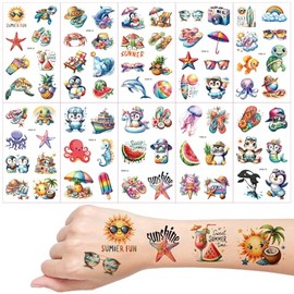 Summer Temporary Tattoos, 10 Sheets Watercolour Summer for Girls Boys Body Arm Shoulder, Kids Tattoos Party Bag, Birthday Party Small Gift