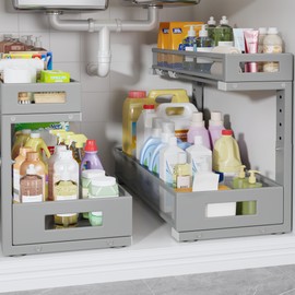 2 Pack 19IN Depth Under Sink Storage Organizer, Large 2-Tier Elegant Mesh Pull Out Shelf for Kitchen and Bathroom Cabinet Organization, L-Shaped and Adjustable Height Design-Gun Gray