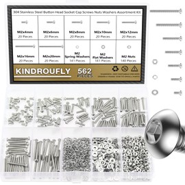 Kindroufly 562 Pieces M2 x 4/6 /8/10 /12/16 /20mm Button Head Socket Cap Screws Nuts Washers Assortment Kit, 304 Stainless Steel, Fully Machine Thread