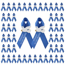 WANDIC 100 PCS Blue Satin Ribbon Pins with Dove, Memorial Ribbon Brooches in Forever in Our Hearts Pins for Funeral Mourning Event Bereavement Remembrance