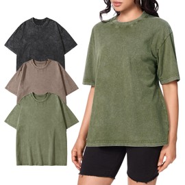 PEHMEA 3 Pcs Women's Oversized T-Shirts Cotton Short Sleeve Vintage Washed Baggy Boyfriend Streetwear Summer Tops(Black+Khaki+ArmyGreen-L)
