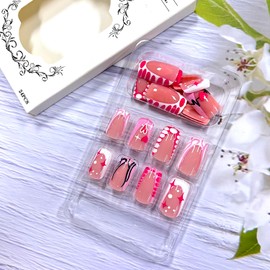Valentine's Day Press on Nails Medium Square EKG Love Heart False Nails with Stars Design Full Cover French Valentine's Day Nails Press Ons Glossy Acrylic Coffin Nails 24Pcs Stick on Nails for Women
