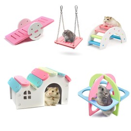 Hamster Toys 5-Piece Set ，Hamster House, Swing, Climbing Ladder, Seesaw & Exercise Wheel，Pet DIY Sport Exercise Toys Set, Small Animal Habitat Accessories ，Gerbils, Mice（Wood-plastic composite）