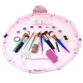Drawstring Makeup Bag GLAMZA ‘Lazy’ Cosmetics Makeup Pouch Storage Organiser for Women & Girls (Pink) - from Flat Makeup Bag to Structured Travel Makeup Bag in Seconds Inc 20pc Brush Set