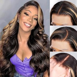 13x6 Ombre Body Wave Lace Front Wigs Human Hair 1B/27 Highlight Lace Frontal Wigs Human Hair Pre Plucked 200% Density HD Transparent Glueless Wigs 26 Inch