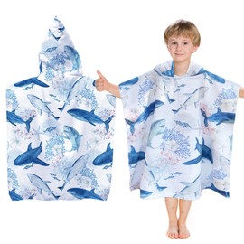 Children's Bath Poncho, Beach Towel with Hood, Microfibre Poncho Towel, Children's Bath Towel, school of sharks