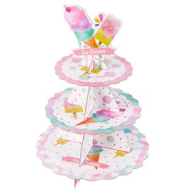 WERNNSAI Ice Cream Cupcake Stand - Ice Cream Birthday Party Decorations for Girls Kids Sweet Popsicle Cupcake Holder 3 Tier Dessert Tower Round Serving Tray Stand for Baby Shower Wedding Supplies