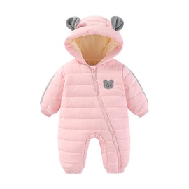 JiAmy Baby Winter Snowsuit Hooded Romper Windproof Boys Girls Cute Bear Zipper Jumpsuit Infant Newborn 12-18 Months Pink