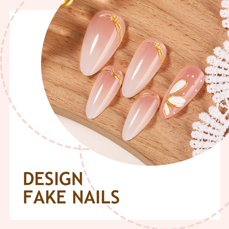24Pcs White Flower Press on Nails Medium Length Almond Fake