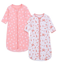 Miracle Baby Pack of 2 Baby Sleeping Bag, Portable Baby Blanket, Made of 100% Cotton, Long-Sleeved Sleeping Bag for Toddlers from 0 to 18 Months (Coral + Starfish, S)