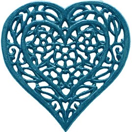 Cast Iron Heart Trivet | Decorative Cast Iron Trivet for Kitchen Countertop Or Dining Table | Vintage Design | 6.75X6.5 | with Rubber Pegs/Feet - Recycled Metal | Blue Color