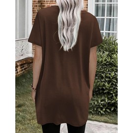 Poetsky Womens Summer Casual Crewneck Long T-Shirts Loose Fit Solid Color Short Sleeve Long Tunic Tops to Wear with Leggings Oversized Shirts with Pockets for Women Brown XX-Large