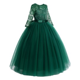 Little Big Girls Vintage Floral Lace Half Sleeve Pageant Long Tutu Dress Princess Party Floor Length Tulle First Communion Junior Bridesmaid Formal Prom Puffy Evening Dance Gowns Green 13-14 Years