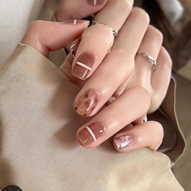 Taoluwin Press on Nails, 24Pcs Short Stick on Nails, Reusable Fake Nails, Full Cover Nails with Nail Tools, Manicure Art Decorations for women Girls (13399, Short)