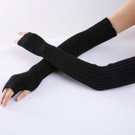 FSSTUD Women Knitted Arm Warmers Long Warm Arm Sleeves Fingerless Thumb Hole Gloves Winter Wrist Warmers Over Elbow Gloves Black