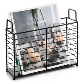 Noamus Metal Magazine Rack, Newspaper Book Tablet Storage Basket, File Holder Mail Organizer Bin with Handles, Iron Wire Black Folder Stand Holder for Home Office Bathroom Bedroom Den Living Room