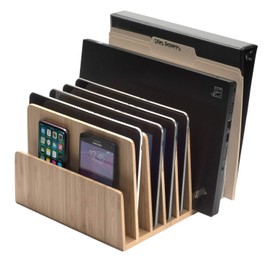 MobileVision Bamboo Device Organizer for Smartphones, Tablets and Laptops, 7 Slots with Extra Wide Slots for Laptops