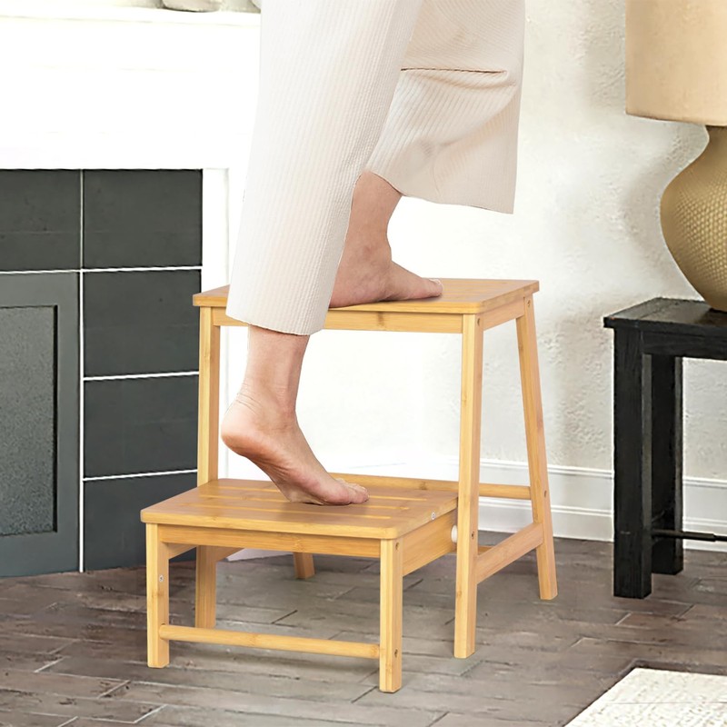 Bamboo Folding Climbing Step Stool, 2 Step Ladder Multi-Functional Stair