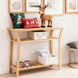Nnewvante 38.6" Console Table, Bamboo Entryway Table with 3-Tier Storage Shelves, Narrow Sofa Table, Display Table for Entrance, Hallway, Living Room, Foyer