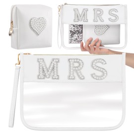 Locmeo 2 Pcs Bride Bag Makeup Bag Bride Gift Cosmetic Bag Pearl Letter Bags Portable PU Leather Mrs Clear Waterproof Bling Travel Purse Zipper Pouch Handy Coin Purses for Girls Women(Mrs)