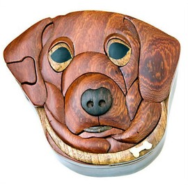 Dog - Natural Wood Intarsia Puzzle Box - Handcrafted with Secret Compartment