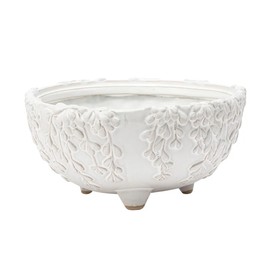 Napco Embossed Leaf Vine Floral 7 x 7 x 3.5 inches White Ceramic Flower Succulent Plant Pot Planter Container Holder, Indoor Outdoor Garden Décor, 22496