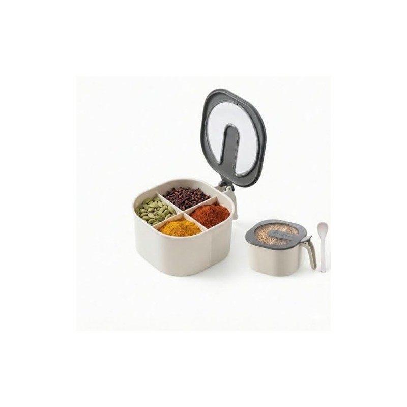 Contenedor cocina Multiusos con 4 Compartimentos, Tapa Transparente, Incluye Cuchara,