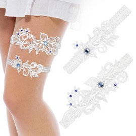 Hebterrka 2 Pieces Wedding Garters for Bride, White Lace Garter, Floral Garters with Blue Rhinestone, Wedding Garter Set for Brides and Women, White