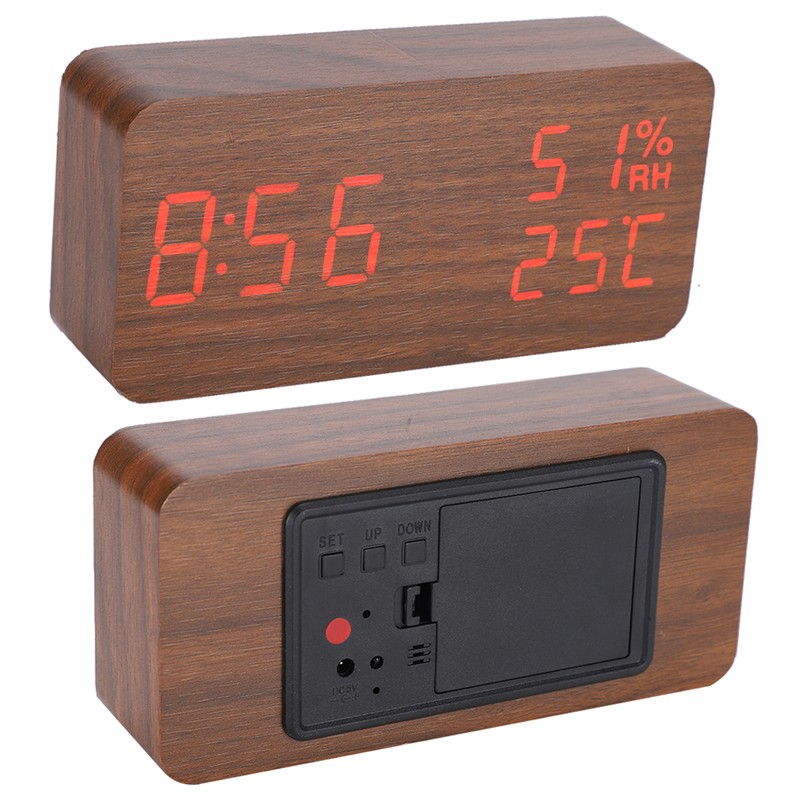 Wooden Alarm Clock LED Voice Control Desk Rectangular Brown Wood