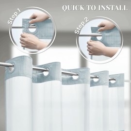 SORTTO No Hook Shower Curtain with Snap in Liner Set Waffle Shower Curtain for Bathroom Hotel Style Fabric Waterproof Inner Liner，71" W x 74" H, Fog Blue