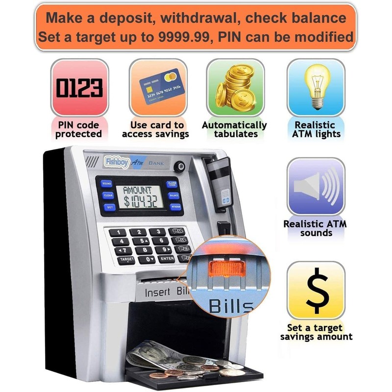Fishboy ATM Piggy Bank for Kids with Power-Off Memory and