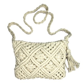 Hastvikas Handmade Macrame Bag – Eco-Friendly Boho-Chic Cotton Crossbody Bag with Tassels, Stylish Shoulder Bag for Daily Use, White/Small