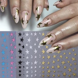 STZPRONAIL Pegatinas de Estrellas para uñas, 14 Unidades, 3D, Brillantes, Y2K, Doradas, Plateadas, Negras y Blancas, para uñas de Manos y pies, con Purpurina pequeña