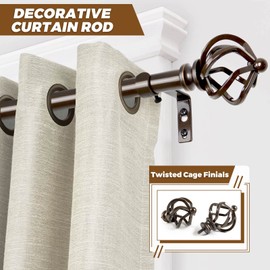 KAMANINA Curtain Rods for Windows 66 to 120 Inch, 3/4 Inch Antique Bronze Curtain Rod 32 to 115 Inches (2.6-9.6ft) Splicing Adjustable Single Drapery Rod with Twisted Cage Finial
