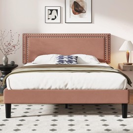 VECELO Full Size Bed Frame with Adjustable Upholstered Headboard, Wooden Slats Platform, Noise-Free Design, No Box Spring Needed, Easy Assembly