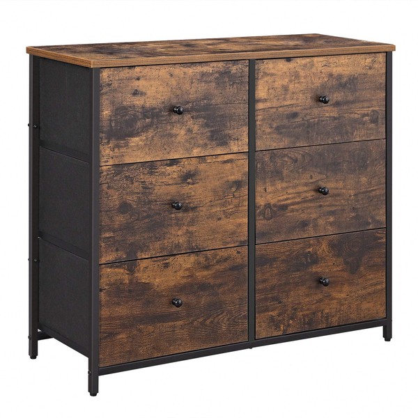 SONGMICS Dresser for Bedroom, Chest of Drawers, 6 Drawer Dresser, Closet Fabric Dresser with Metal Frame, Wooden Top and Front, Brown and Black ULGS23H