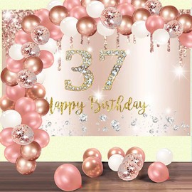 Happy 37th Birthday Decorations Backdrop Banner for Women Happy 37 Years Old Party Sign Poster Woman 37th Birthday Rosegold Photography Background 37th Birthday Party Supplies, 150x90cm