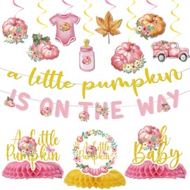 Lovarywow Pumpkin Baby Shower Decorations - 13PCS a Little Pumpkin Is on the Way Baby Shower Banners Hanging Swirls Honeycomb Centerpieces Pink Fall Gender Reveal Party Decorations Decor Supplies
