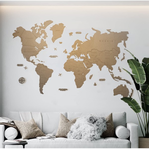 MISS MAPS Large 3D Wooden Wall Map - Travel Marking Map and Decoration for Travelers - Multilayer Pressed Wood Engraved Names (100 x 60 cm, Natural)