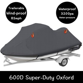 Urby Trailerable Jet Ski Cover, Waterproof 600D Super Duty Oxford PWC Cover with Enhanced Wind-Proof System, Universal Fit Compatible with Yamaha SeaDoo and Other Brands.3 Seater 145"