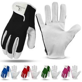 STONELIGHT Unisex Gardening Gloves Made with Leather & Spandex - Thorn Proof Rigger Safety Work Gloves with Reinforced Fingertips, Adjustable Wrist Closure, Waterproof & Breathable (Black, S)
