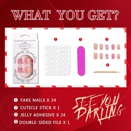 Valentine's Day Press on nails Medium, 24Pcs Square Heart Glitter Fake Nails Peach Heart Lips Coffin Design Stick on Nails Acrylic Nail Glue for False Nails with Nail Adhesive Tabs for Women Nails Kit