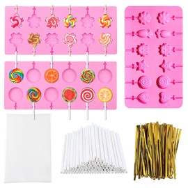 DSIOHFEI 3 Pack Silicone Lollipop Molds, 12-Capacity Hard Candy Molds, Pink Gummy Molds with 100PCS Lollipop Sticks, 100PCS Gold Ties, 100PCS Candy Treat Bags, Chocolate Bar Mold for Candy, Jelly