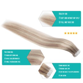 SURNEL Tape in Hair Extensions Color 18 Ash Blonde Highlighted 613 Blonde Tape in Human Hair Extensions 16 inch 20pcs 50g(#18P613-16)